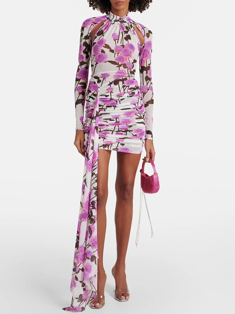 O pescoço sem costas mangas compridas cortar floral impresso vestido curto ruched impresso drapeado fino elegante vestidos de festa à noite