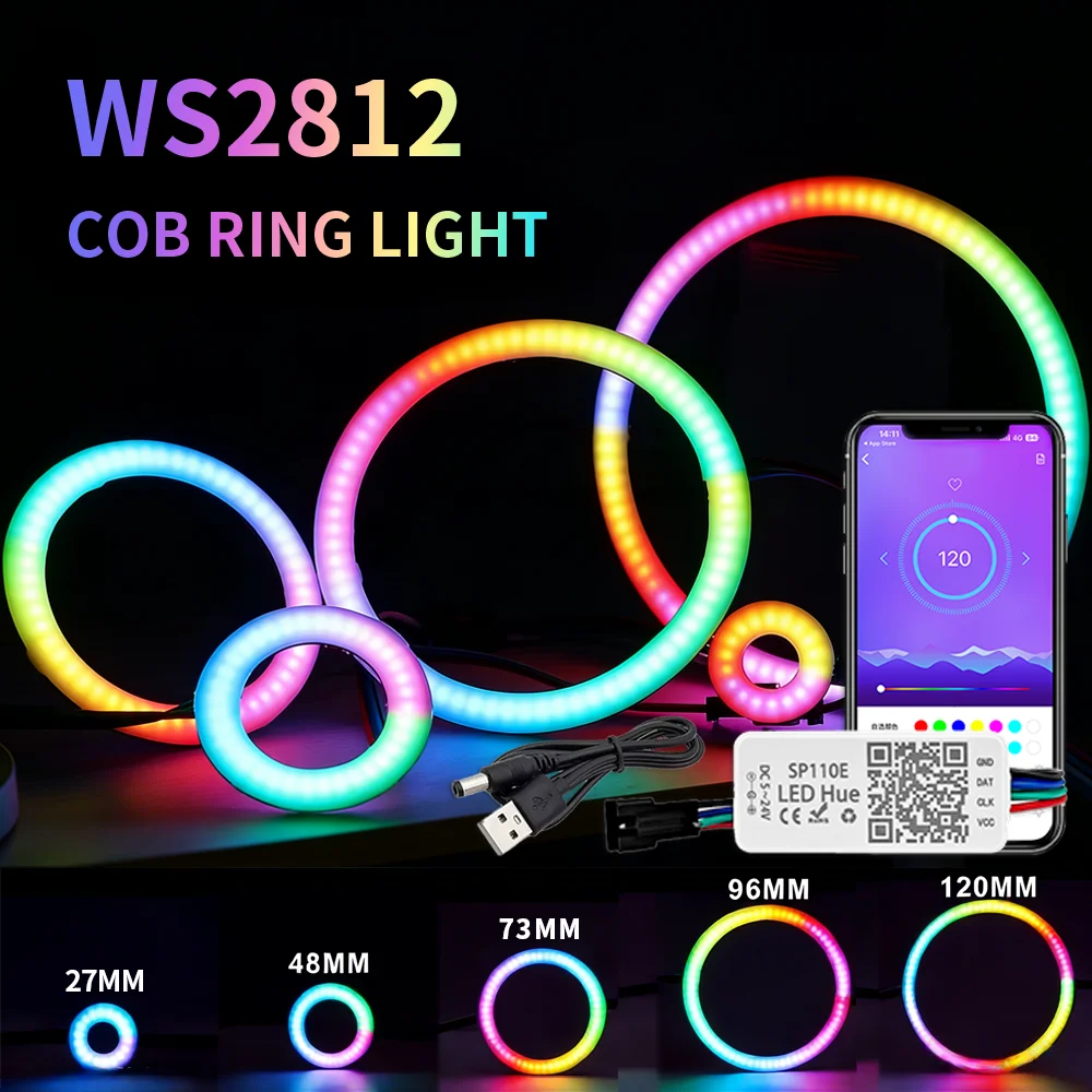 WS2812 COB RGB Angel Eye Ring DC5V Individually Addressable 27 48 73 96 120mm USB SP110E Bluetooth APP Dream Color Halo Light