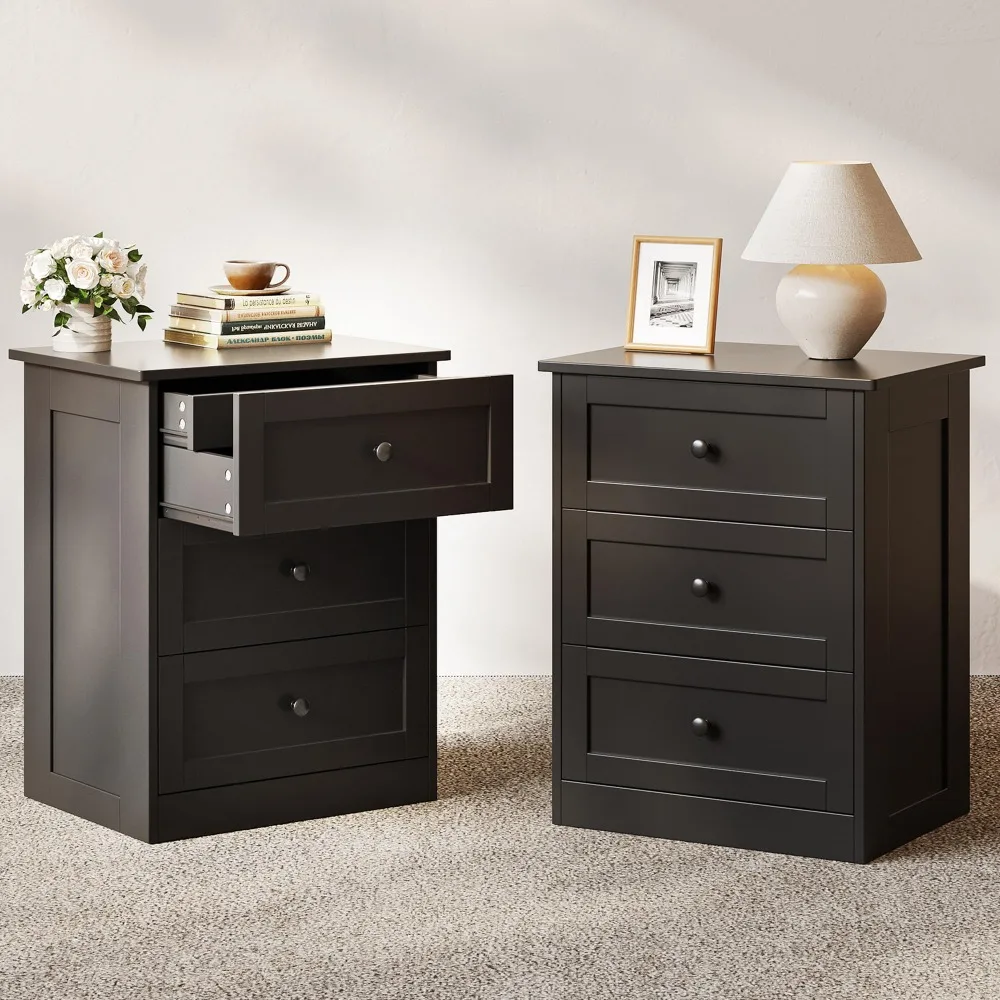 Nightstand Set of 2 with Hidden Drawer, Black Bedside Table with 4 Drawers, Wooden Dresser for Bedroom