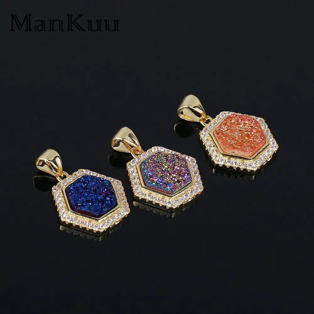 mankuu hexagon natural druzy crystal stone 18k gold plated copper accessories pendant charms for jewelry making diy necklace
