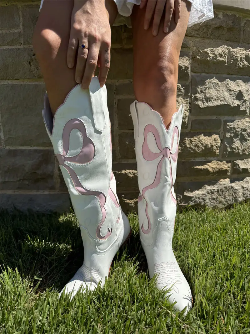 Onlymaker Women Pink Pull-on Knee High Cowgirl Boots with Bow  Comfy Women Big Size Cowboy Boots