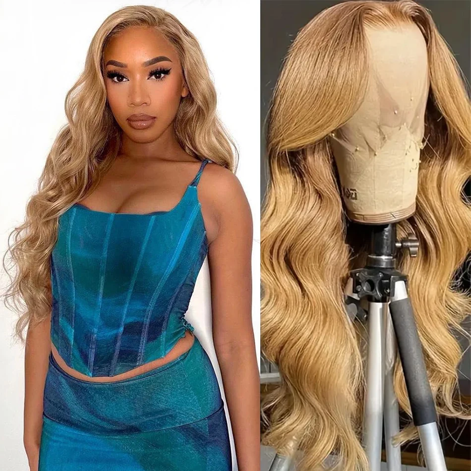 Honey Blonde 27# Body Wave Lace Front Wig 13X4 Colored Lace Frontal Human Hair Wigs Pre Plucked 200 Density For Salon Quality