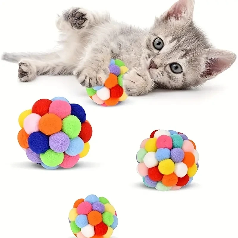 1/3PCS Cat Toys Cat Plush Ball Toy Pet Elastic Bell Ball Self Hi Ball Playing Cat Colorful Woolen Ball