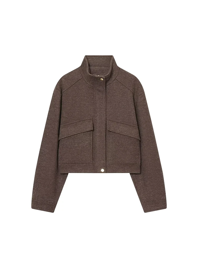 

Новая женская модная, универсальная, элегантная, простая однотонная куртка с длинными рукавами и воротником-стойкой в европейском стиле.