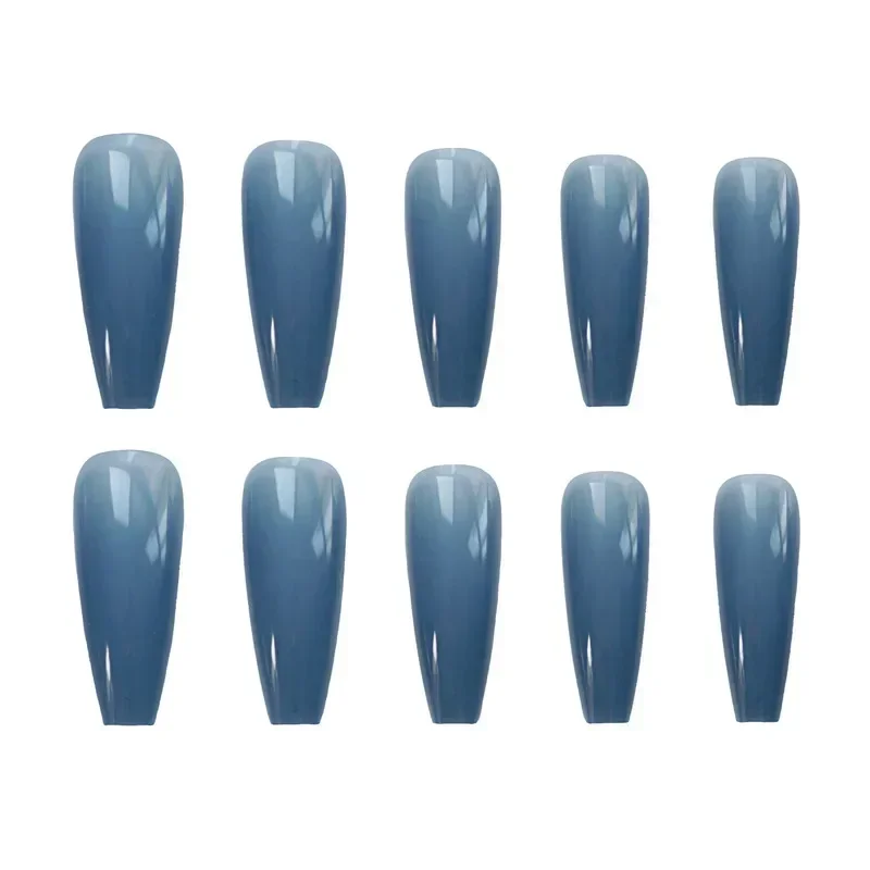 24Pcs/Box Long Coffin Press On Nails Blue False  Tips Full Cover Fake  With Glue Nail Art Super  Nail