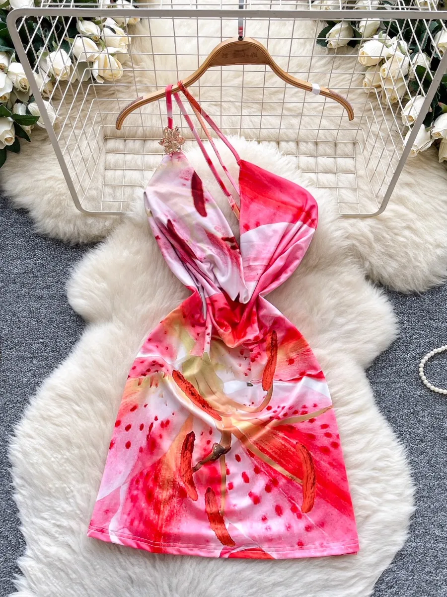 Foamlina ฤดูร้อนคอ SLIM FIT PURE Desire สาวร้อน Bodycon ชุดมินิยุโรปเซ็กซี่ Slanted COLLAR พิมพ์ Halter Dresses