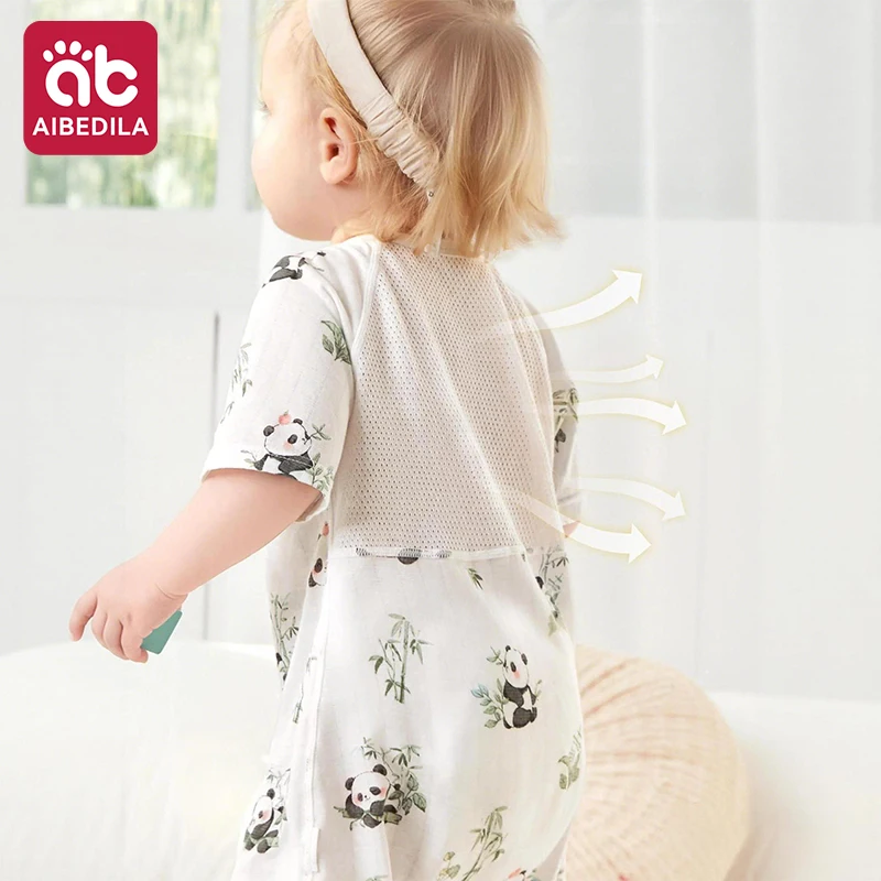 AIBEDILA Boys Girls Baby Summer Air Conditioner Wear Thin Breathable Mesh Cotton Short Sleeve Jumpsuit Daily Home Sleep Clothes