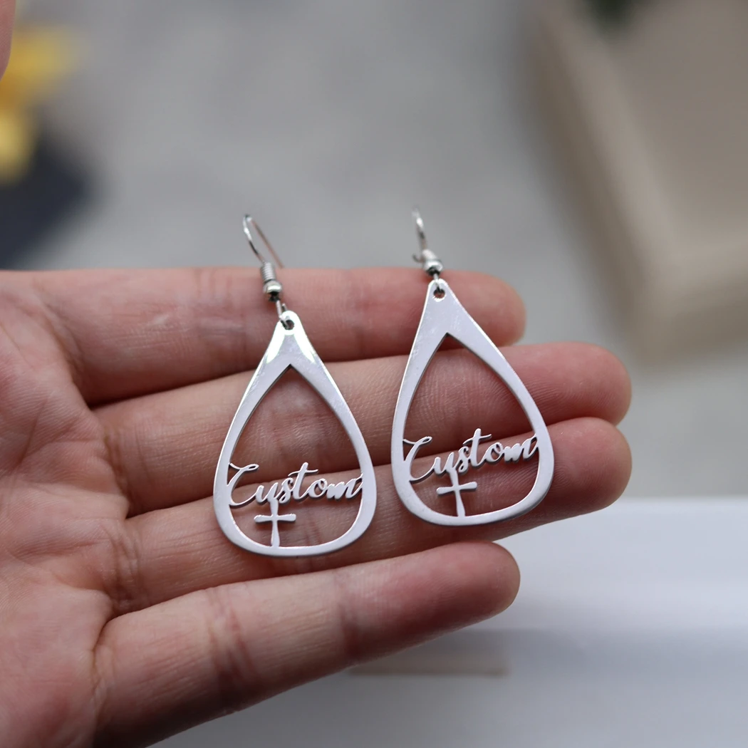 Pendientes personalizados con nombre de letra, colgante de acero inoxidable para mujer y niña, cruz en forma de lágrima, línea hueca, regalo de joyería