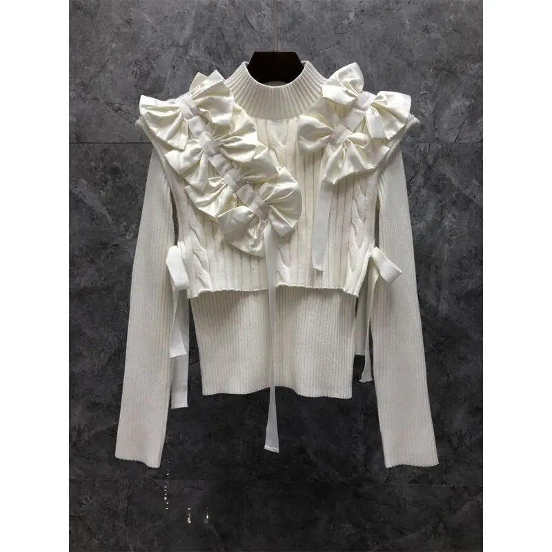 

Lace up knitted ballet autumn French vintage chic slim fitting waist long sleeved shirt blusas de mujer tops women 2023