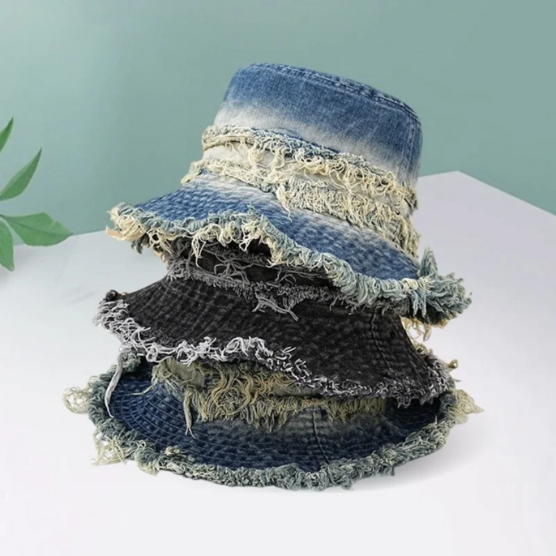 

Четырехсезонные уличные кепки унисекс в стиле хип-хоп, шляпы-ведра в стиле ретро с рваными отверстиями, ковбойская шляпа от солнца с кисточками и градиентом для мужчин и женщин