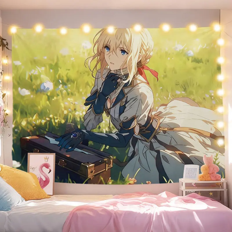 VIKAMA Blonde Anime Girl Meadow Suitcase Tapestry Wall Hanging Green Spring Flower Aesthetic Wall Art Otaku Dorm Bedroom Decor