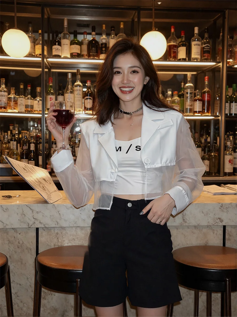 Sonnenschutz, abgeschnitten, durchsichtige Blazer mit Rückenschlitz, elegante Damenkleidung für Damen, Kunstseil, große Schneiderei, gerüscht, gepolstertes Wildleder für Damen