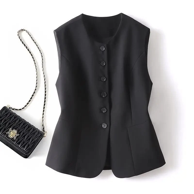 

O-Neck Blazer Vest Women Waistcoat Spring Autumn High End Casual Lined Sleeveless Short Jacket Korean Buttons Silm Women's Vests