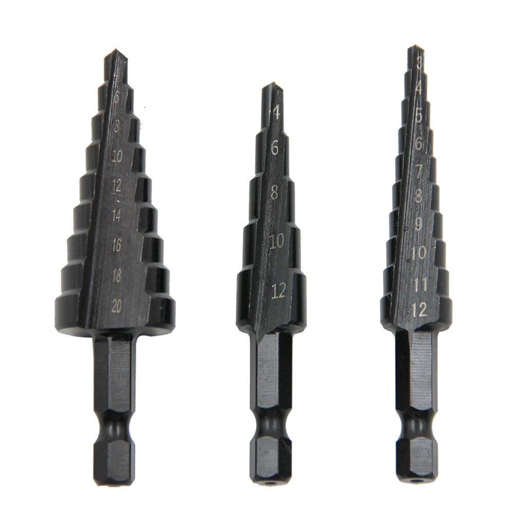 Schwarzer Stufenbohrer mit sechseckigem Schaft und gerader Nut, 3–12/4–12/4–20/4–32 mm, Reiben, Stufenbohrer, Turmbohrer-Werkzeug-Set