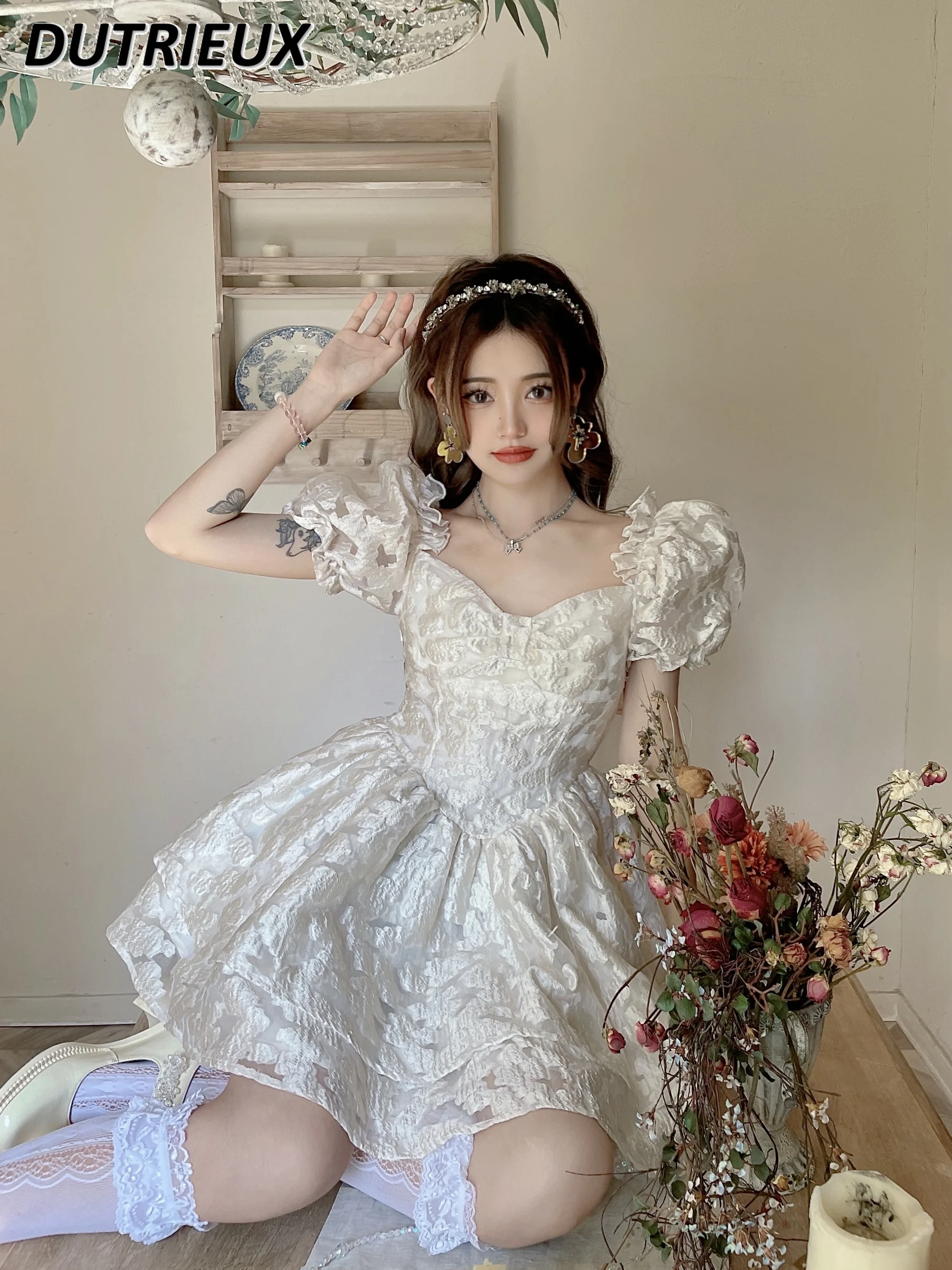 

Summer White Sweet Cute Puff Short Sleeve Lace Girl's Dress Princess Cute Style High Waist Square Collar Dresses for Women