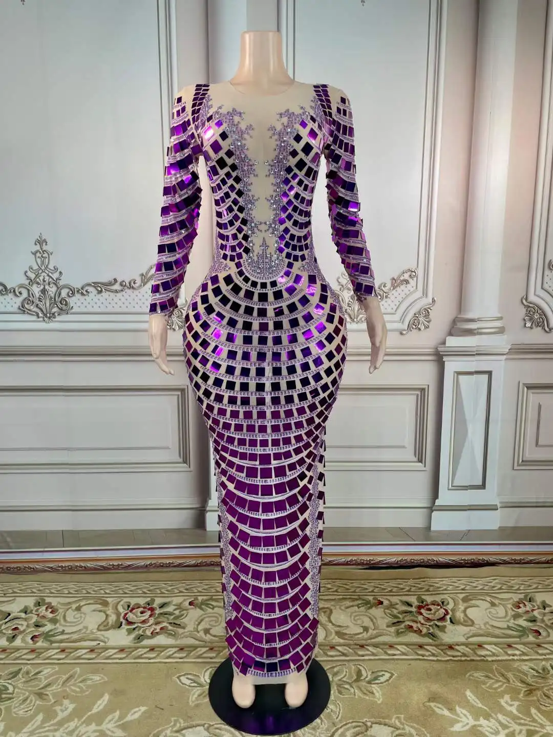 

Dress Women Sequins Shinning Sparkle Long Sleeve Birthday Drag Queen Outfit Stage Wear Purple Gold See Through Sheer Dresses