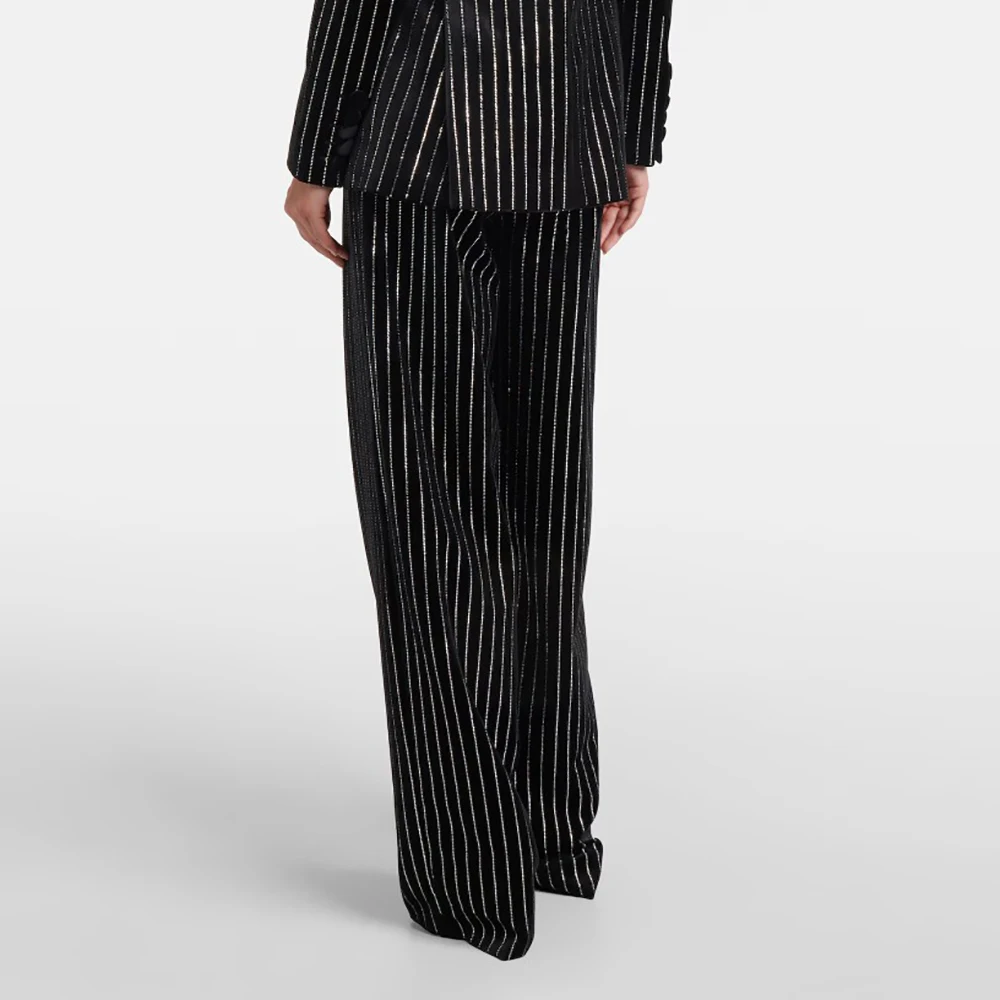 Women's Velvet Pants,High-Quality,Y2K Striped,Hot Drilling,Temperament,Elegant Commuter Straight Trousers,Early Spring,New,2025