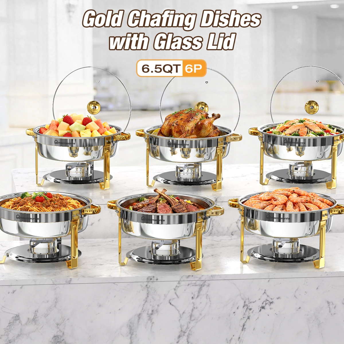 Recipientes para Buffet de 6.5QT, Juego de Recipientes Redondos para Buffet, Calentadores de Comida de Acero Inoxidable para Eventos de Catering y Fiestas