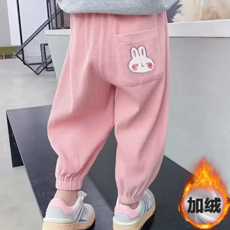 

Autumn Winter Children's Pants Boys Corduroy Cartoon Bear Embroidered Loose plush Long Pants Girls Warm Tie Feet Pants 0-10Y