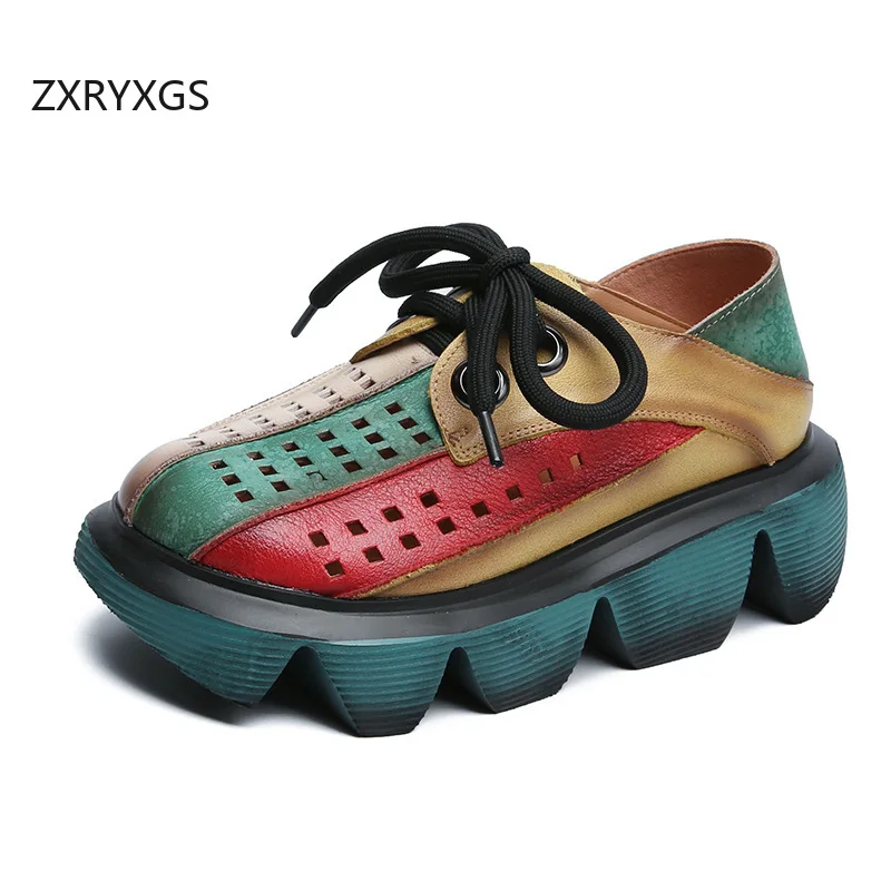 ZXRYXGS 2026 New Top Layer Cowhide Hollow Spell Colors Women Trendy Shoes Thick Sole Non-slip Mid Heel Height Increase Shoes