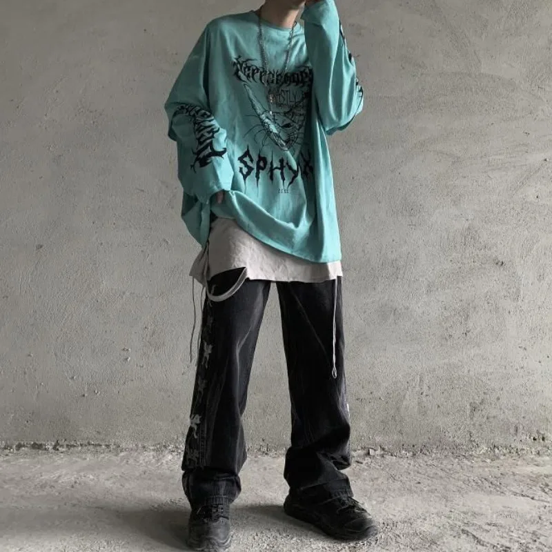 Long-sleeved T-shirt Men Ins Hip-hop Fake Two-piece Tops Student Loose Cat Printing Solid Casual Tshirt Oversize Dancing Tee