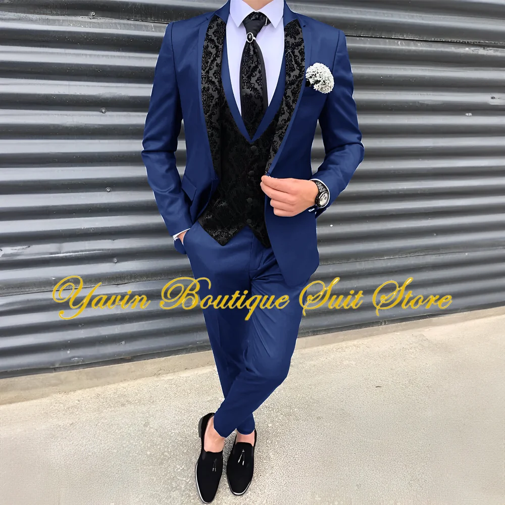 Luxury Men Suit 3 Piece Blazer Vest Pants Set One Button Notch Lapel Jacket Formal Prom Wedding Groom Tuxedo