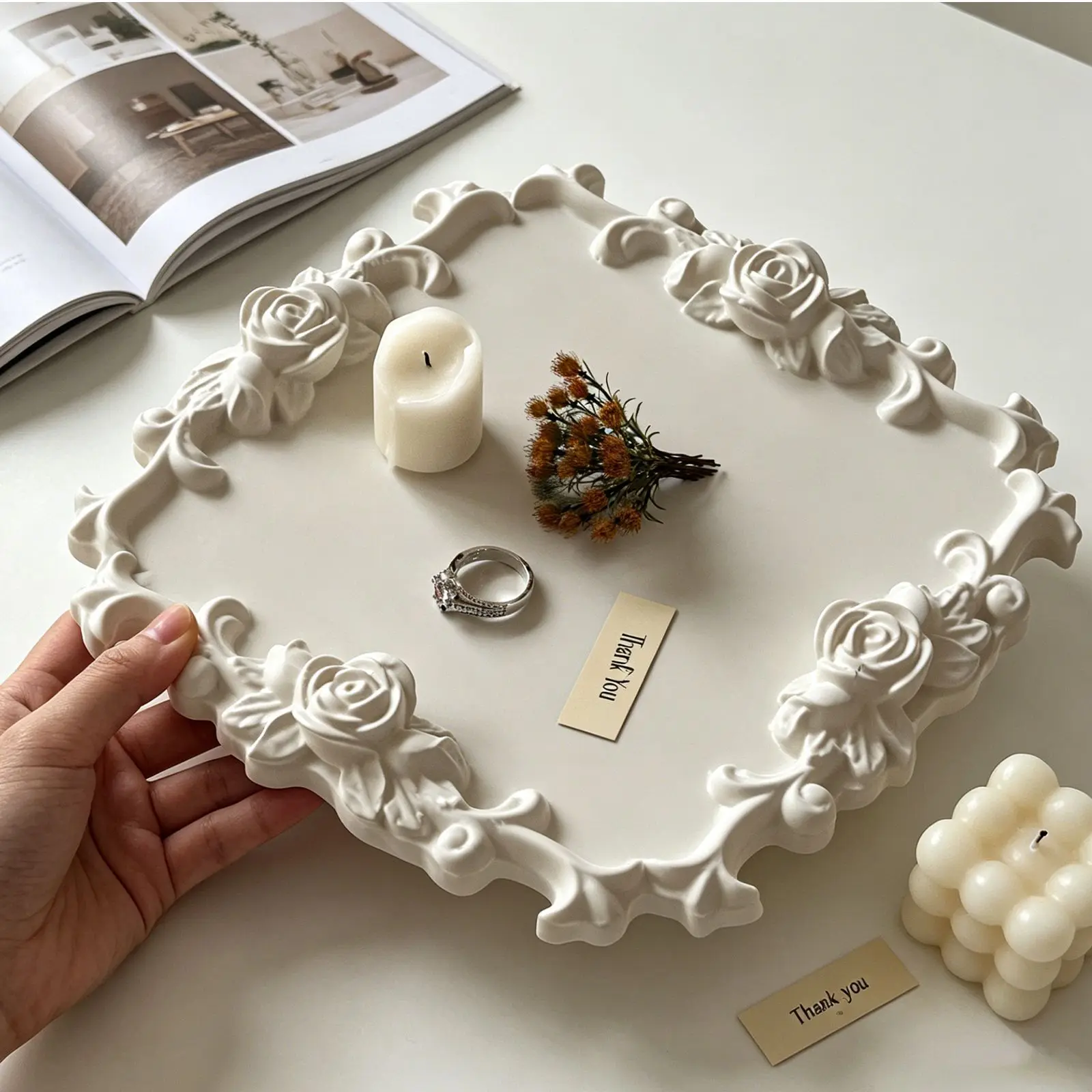 Vintage Rose Frame Silicone Mold Lace Border Floral Tray for DIY Epoxy Resin Plaster Cement Jewelry Organizer Holder Craft
