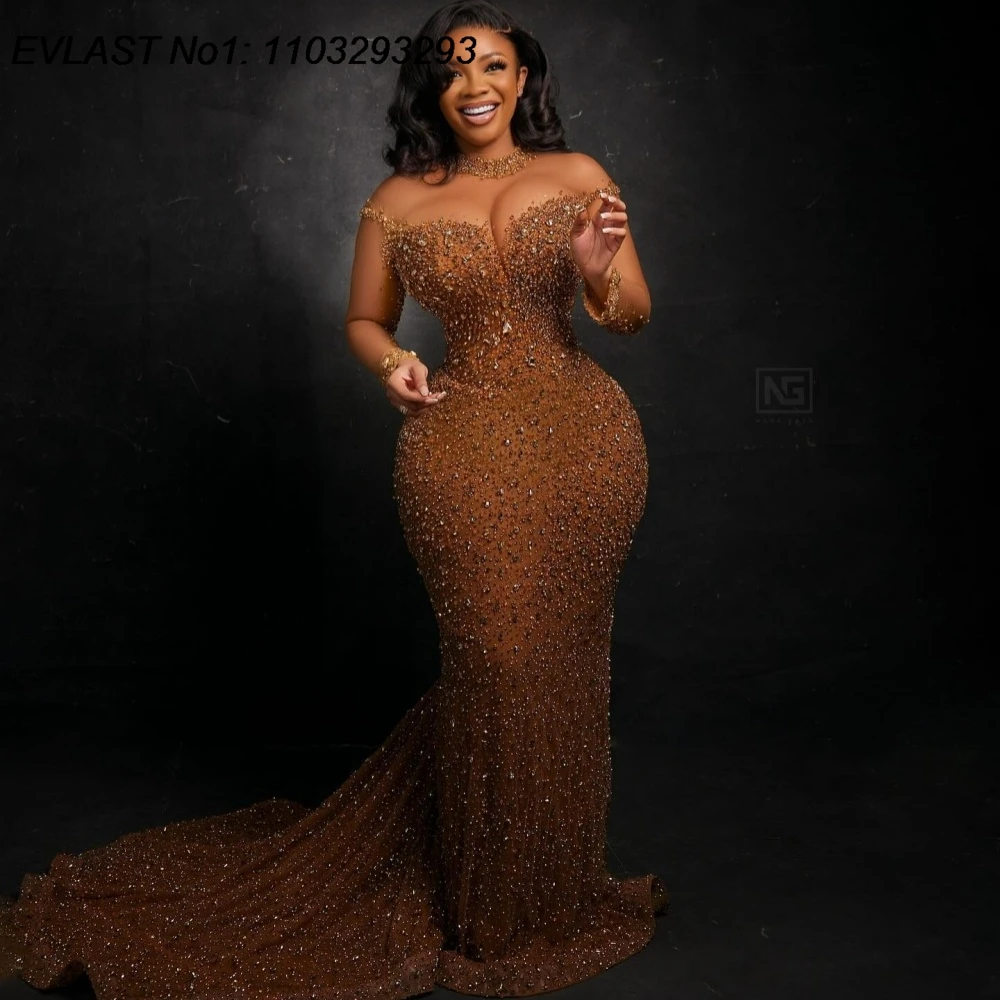 EVLAST-vestido de fiesta de sirena marrón de lujo personalizado, vestido de noche con cuentas de perlas de cristal, vestido de aniversario para mujeres africanas FP10
