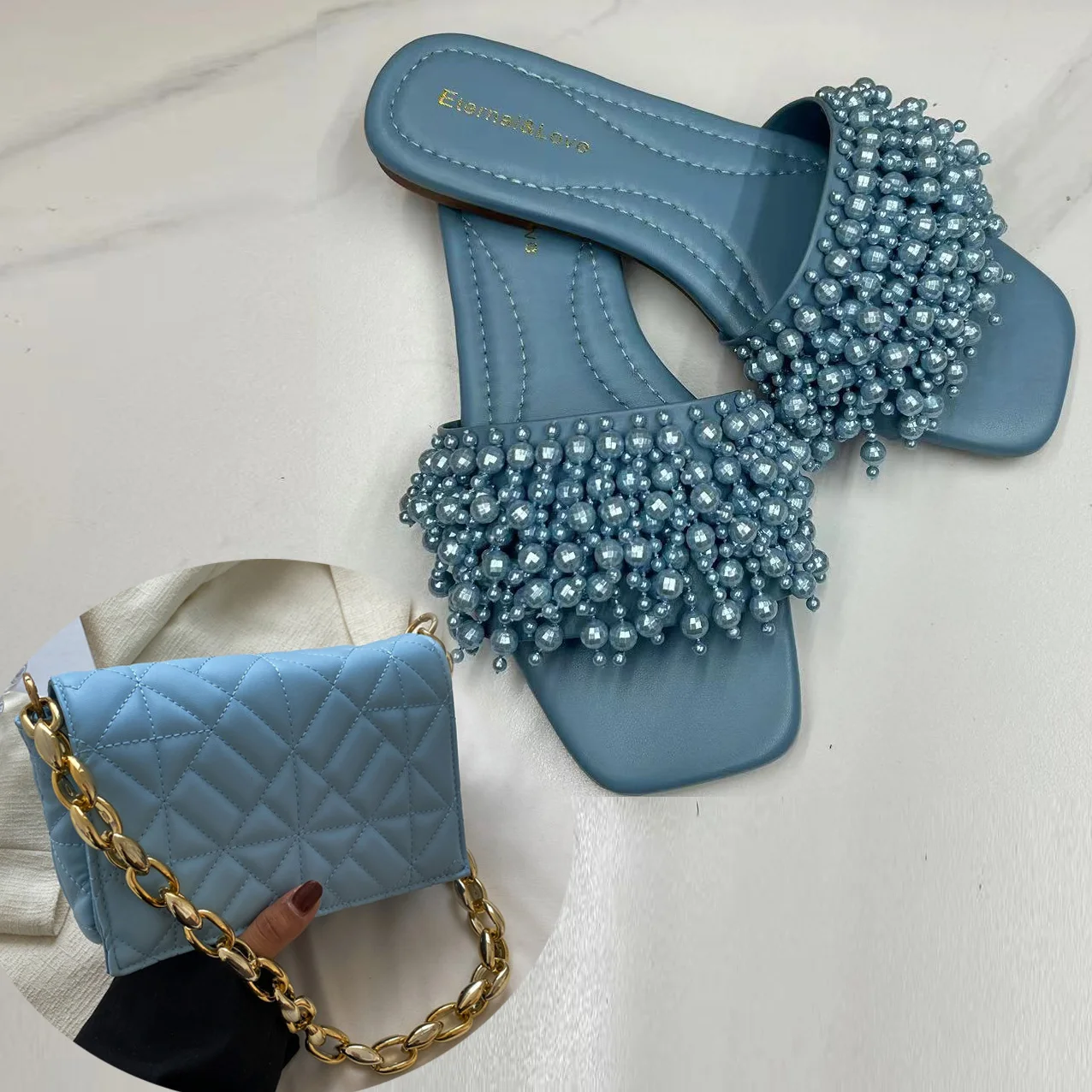 الصيف الإبداعية مطرز المرأة النعال عدم الانزلاق الصنادل المسطحة موضة مطرزة الموضوع كتف واحد يده صندوق صغير حقيبة #2