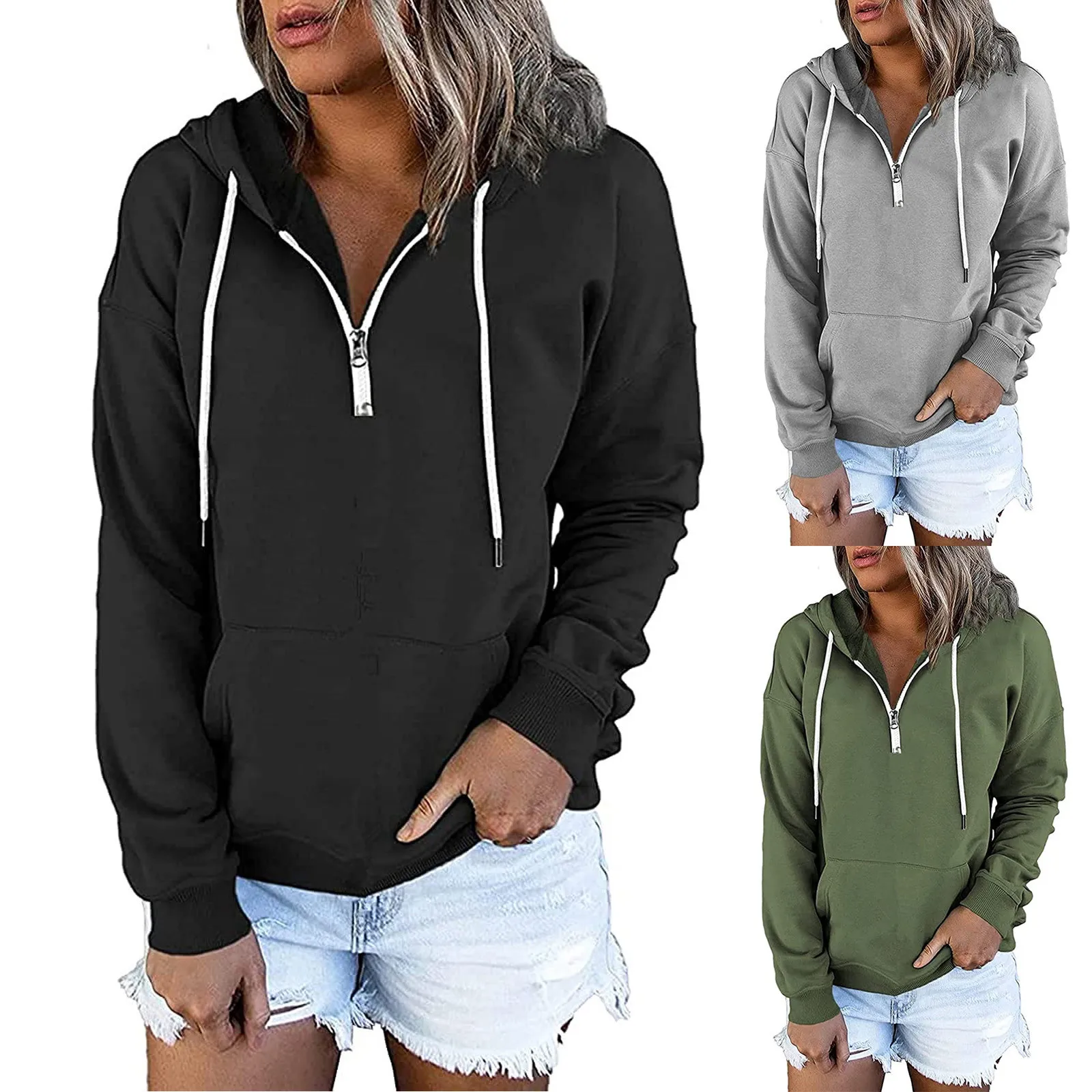 Pullover For Women\'s Button Down Hoodies Drawstring Hooded Pocket Casual Long Sleeve V Neck Sweatshirts Tops Sudadera Mujer