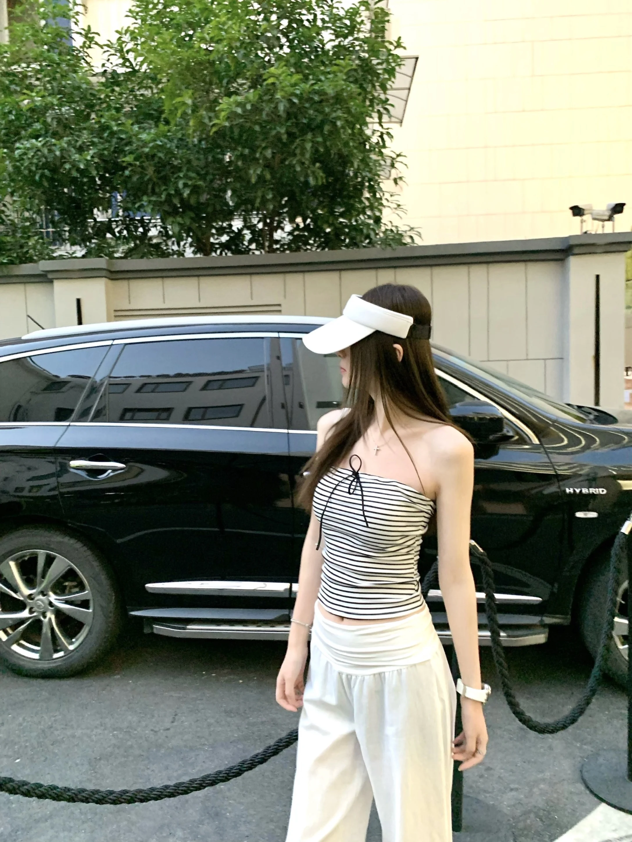 

Nemowu Striped Tie Waist Vest Slim Fit Innerwear Outerwear Girl's Plan ort Length Commute Sle Asymmetric Summer Top