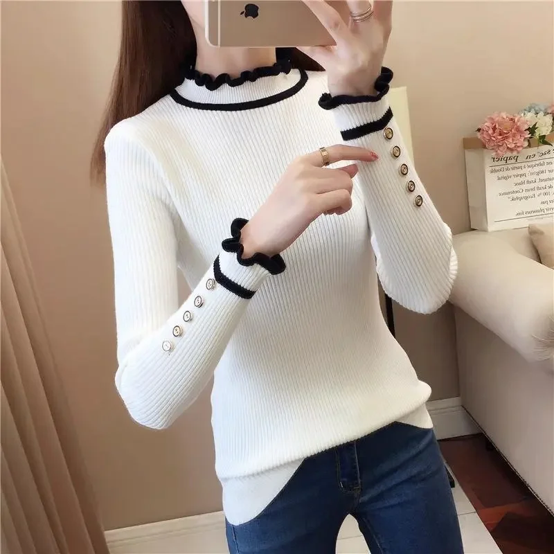 2023 New Vintage Pull Femme Stand Neck Fungus Edge Contrast Color Patchwork Jumpers Long Sleeve Chic Buttons Sweater