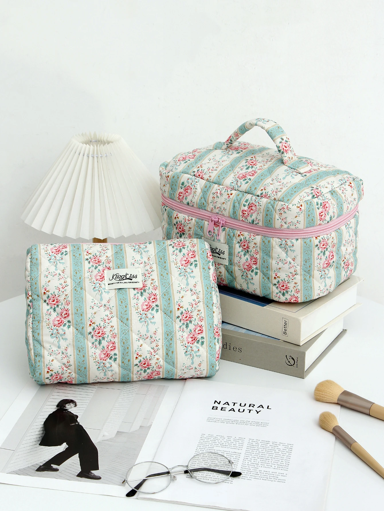 1 stk/set roze bloem groen streeppatroon multifunctionele cosmetische opbergtas organizer met ritssluiting voor thuisreizen en school