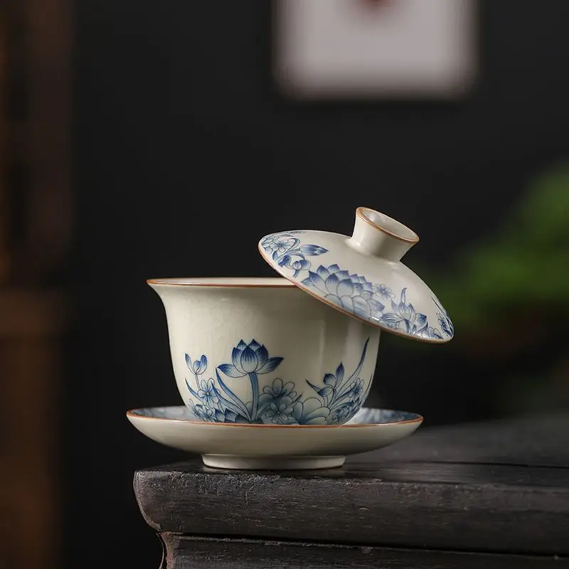 Blue and White Interlocking Floral Ru Kiln Three Piece Gaiwan Kung Fu Tea Set Chinese Ceramic Single Suspension Brewing Bowl