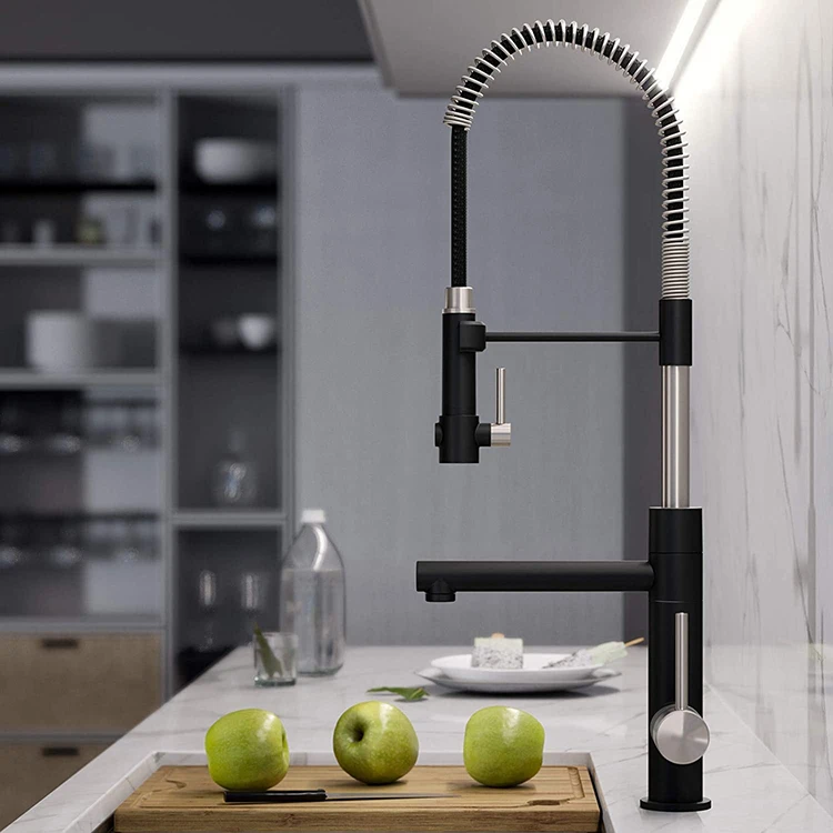 304 Stainless Steel Single Handle Deck Mounted Black Gold Pull Out Semi Pro Spring Kitchen Sink Faucet Tap