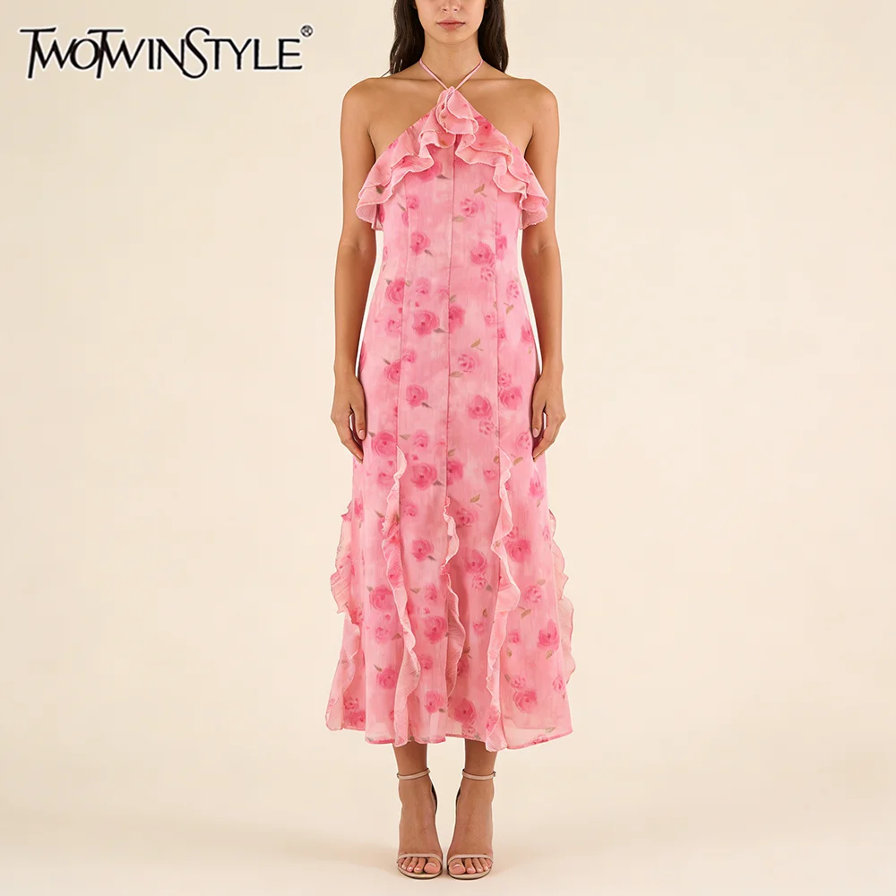 

TWOTWINSTYLE Beach Vacation Pink Rose Print Midi Dresses for Women Halter Neck Sleeveless Ruffles Trim Flowy for Romantic Dates
