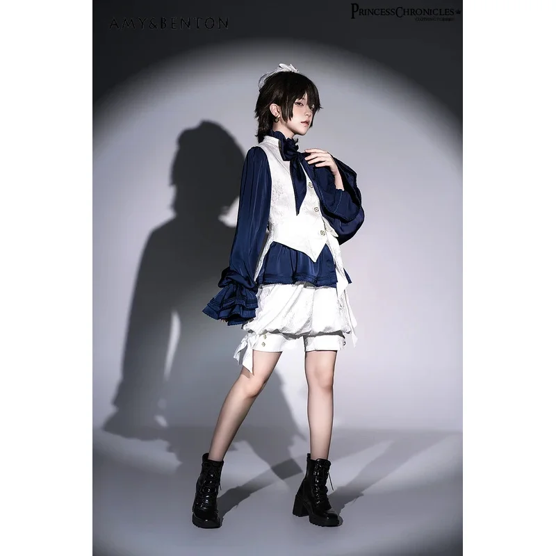 

25COSRetro Elegant Sweet Cool Lolita Prince Bow Shirt Court Temperament Stand Collar Lantern Sleeve Blouse Women Japanese Style