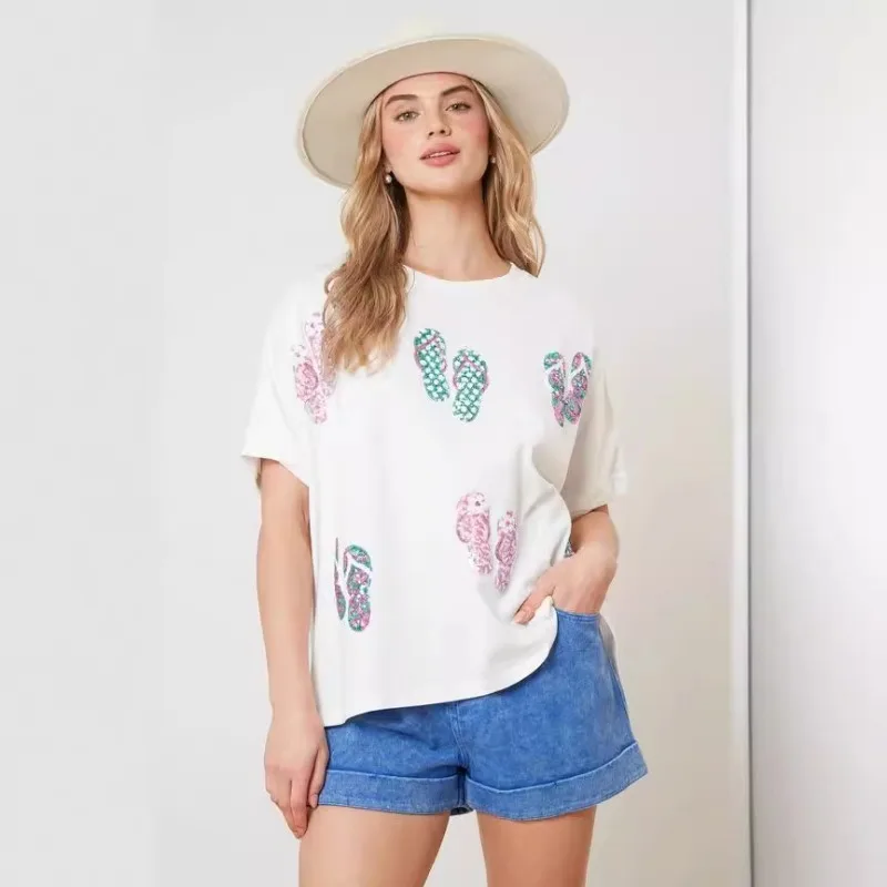 Women Summer Basic T-Shirt Casual Sequin Flip Flop Print Loose Short Sleeve Tops for Streetwear Aesthetic Grunge Clothes