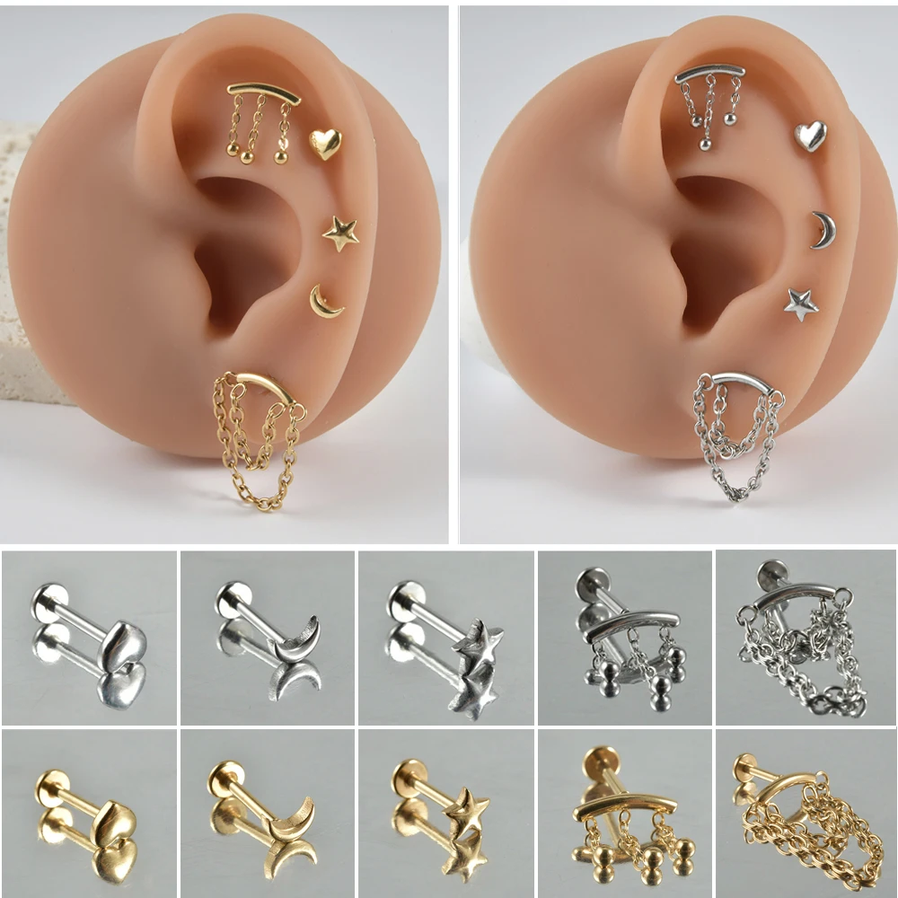 1Pc Drop Ear Cartilage Stud Chain Dangling Surgical Steel Labret Tragus Helix Earring Daith Lobe Ring Piercing Body Jewelry