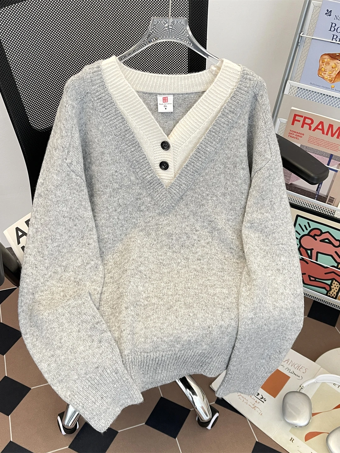 

Loose Casual V-Ne Sweater ex Autumn Winter Korean Sle Vintage Lazy Knitted Base Layer Top Fake Two-Piece Sle