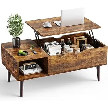 Image Wood Lift Top Coffee Table with Hidden Compartment and Large Storage Shelf Lift Tabletop Dining Center Table for Home Living