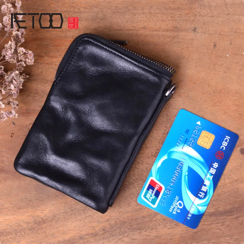 AETOO Short wallet men's leather retro old first layer leather men's wallet youth vintage personality vertical zipper wallet