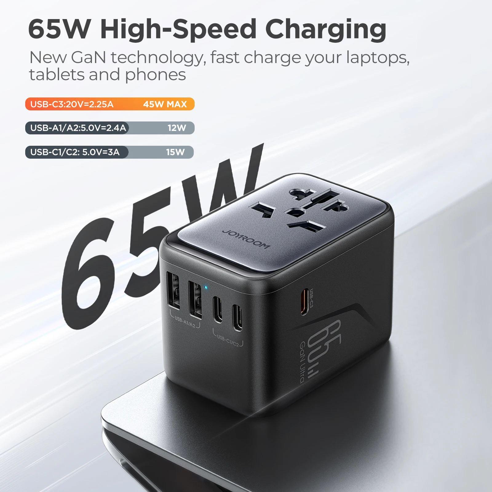 Joyroom 65W Universal Travel Adapter GaN III Worldwide All in One Mini PD Fast Charging Wall Charger with 2 USB Ports & 3 USB-C