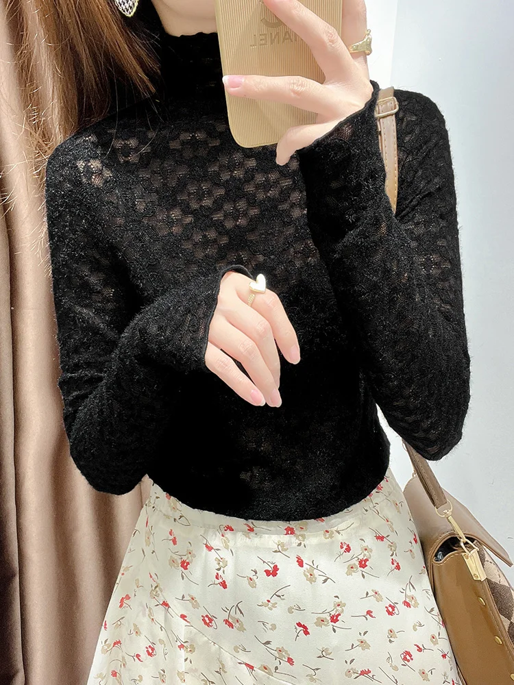 

Ele Lace Embroidery Base irt Women's f Высокий воротник Све Длинный дышащий нейлон и спандекс Цвет для поездок на работу Sle