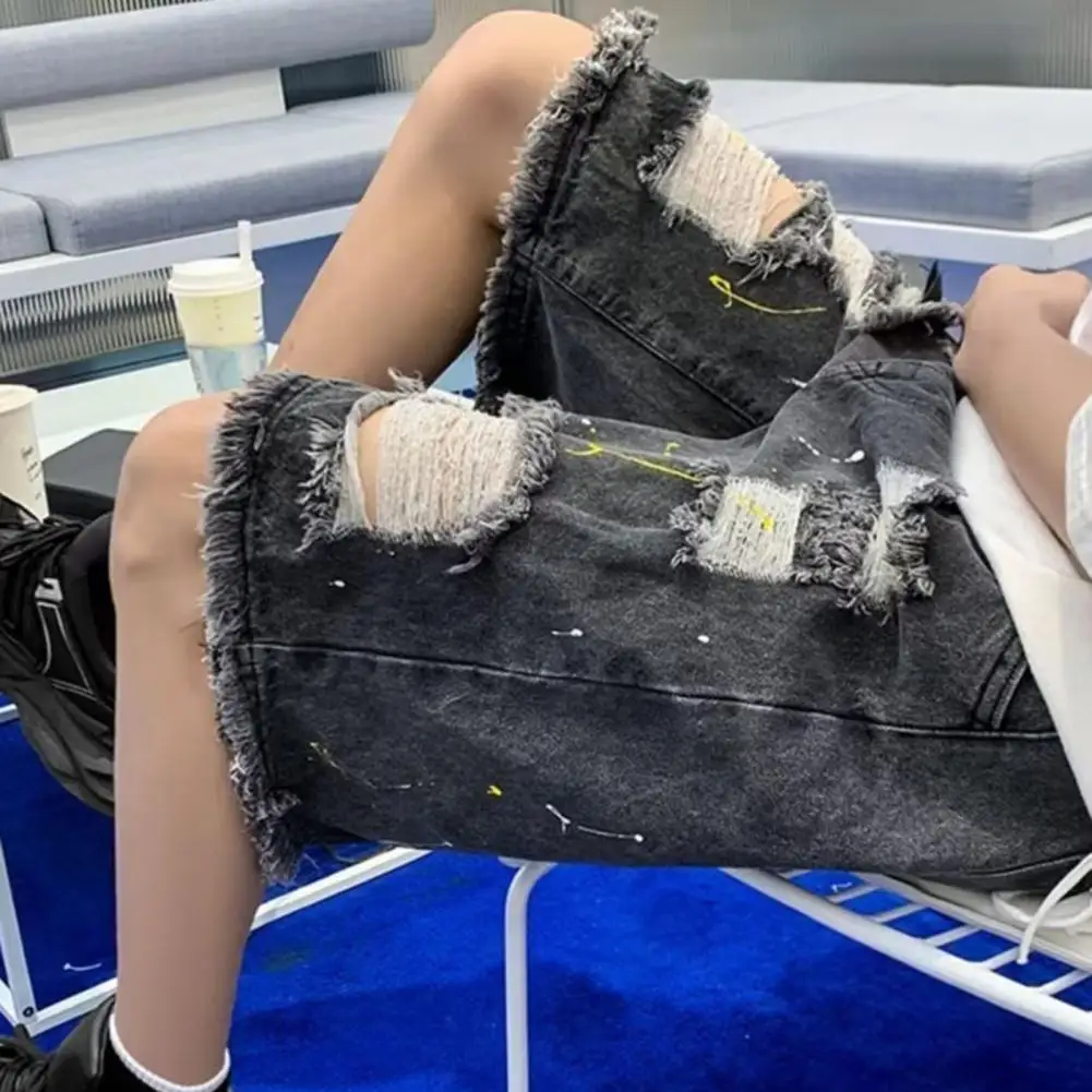 Casual Denim Shorts Men's Summer Denim Shorts with Elastic Drawstring Waistband Pockets Casual Solid Color Wide Leg Ripped for A