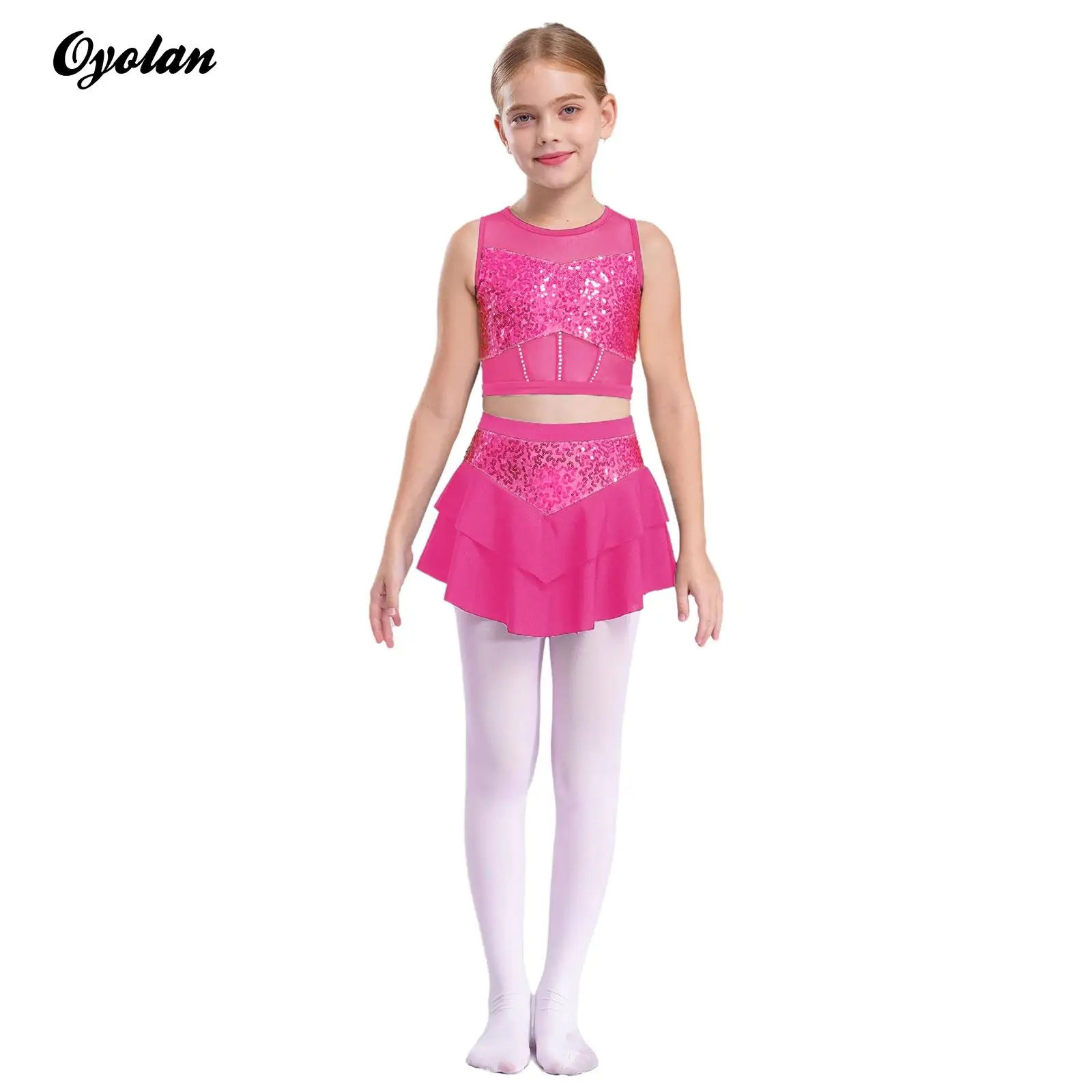 

Kids Girls Jazz Ballet Dance Performance Costume Cheerleading Uniform Sheer Mesh Shiny Sequins Crop Top with Tiered Skirt