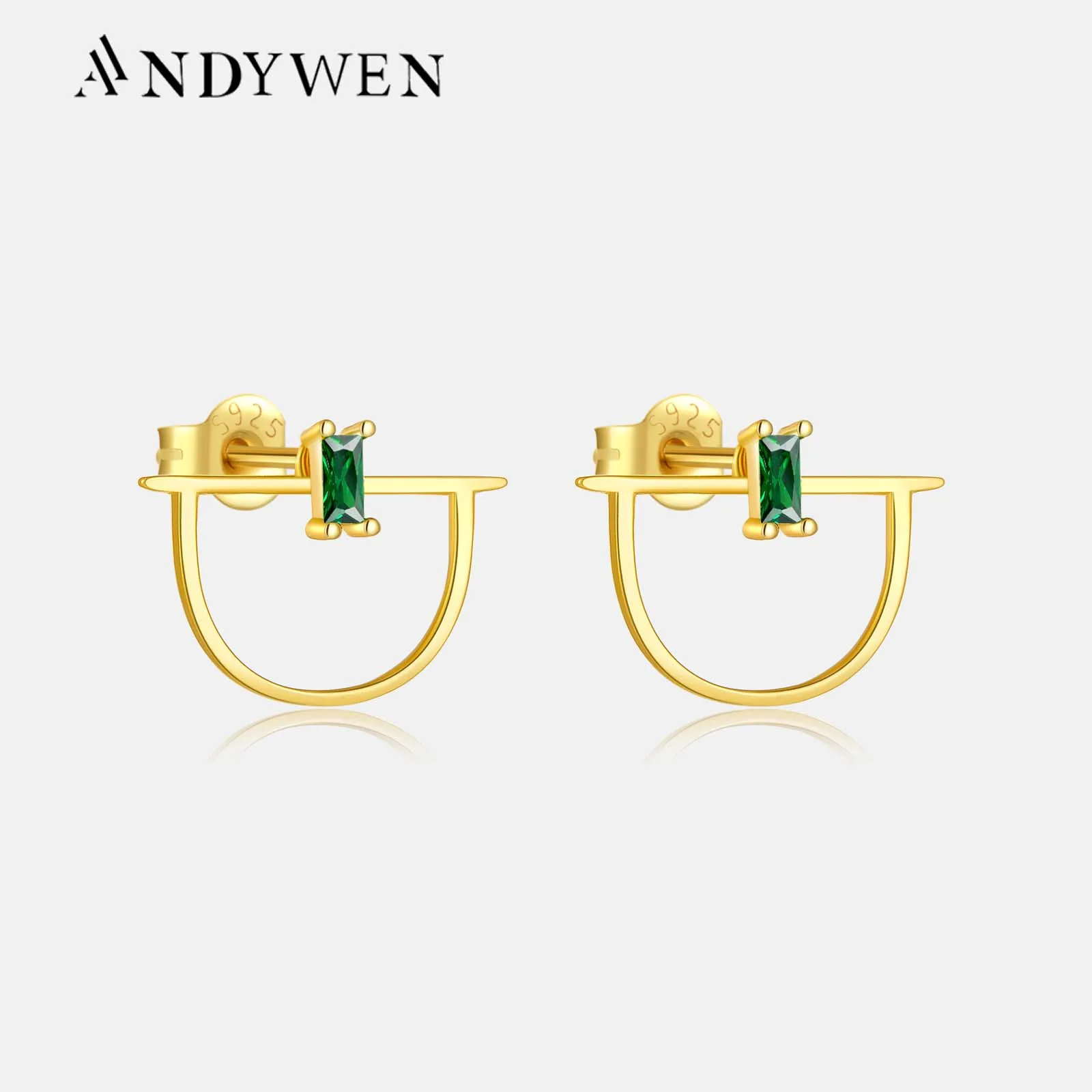 ANDYWEN-925 Sterling Silver and Gold Green CZ Zircon Stud Earring, Clipes Piercing, Jóias Finas de Luxo, Primavera, 2022