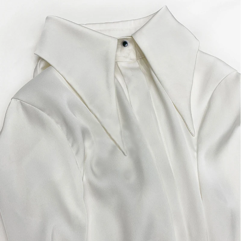 Camisa de seda satinada Vintage para mujer, blusa elegante con cuello vuelto, blusa blanca de manga larga, Tops para mujer 16946