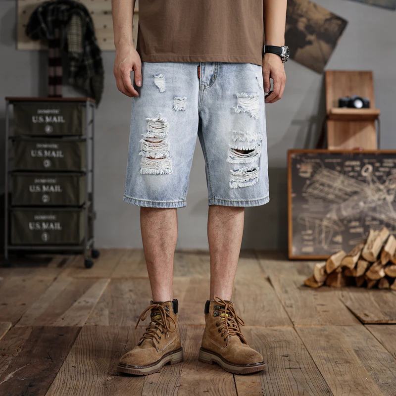 

28-48Large Size Shorts Men's Ripped Summer Loose Trendy Retro Street Fashion and Handsome Casual Oversize Cropped Pants