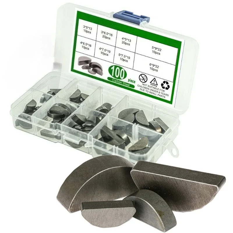 100pcs Metric Woodruff Key Assortment Kit Carbon Steel Shaft Drive Fasteners Mechanical Industry Woodruff Keys Half Moon Set